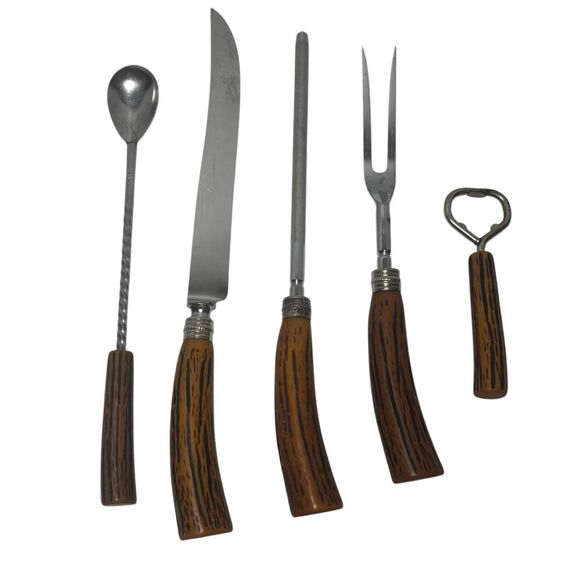 E. Parker & Sons MCM Faux Antler 5 Piece Carving/Bar Set - Picture 1 of 12